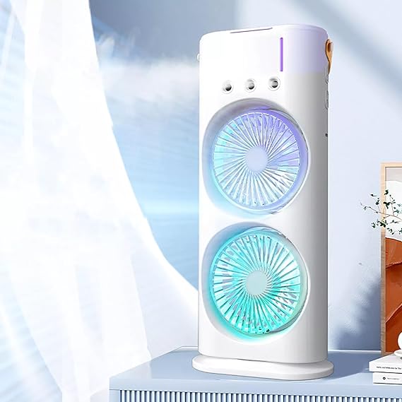 Portable Mini Double Fan Air Cooler With Mist Humidifier And Led Lighting, Mini Table Cooling Fan For Home & Office – Rechargeable ( Random Color )
